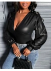 Kadın Uzun Kollu Derin V Yakalı Deri Zıbın