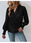 Kadın Uzun Kollu Dökümlü Kruvaze Yaka Kol Ucu Gipeli Sandy Bluz