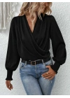 Kadın Uzun Kollu Dökümlü Kruvaze Yaka Kol Ucu Gipeli Sandy Bluz