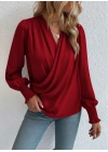 Kadın Uzun Kollu Dökümlü Kruvaze Yaka Kol Ucu Gipeli Sandy Bluz