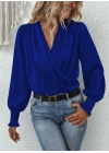 Kadın Uzun Kollu Dökümlü Kruvaze Yaka Kol Ucu Gipeli Sandy Lacivert Bluz