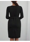 Kadın Uzun Kollu Düğme Detaylı Kendinden Kemerli Ithal Krep Elbise