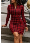 Kadın Uzun Kollu Fermuarlı Ekose Baskılı Dalgıç Elbise