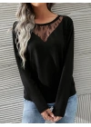 Kadın Uzun Kollu Geniş Yuvarlak Yaka Dantelli Viskon Iki Iplik Bluz