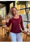 Kadın Uzun Kollu Geometrik Yaka Detay Yandan Düğmeli Viskon Iki Iplik Bluz