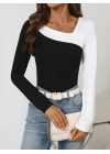 Kadın Uzun Kollu Geometrik Yaka Detaylı çift Renkli Viskon Bluz