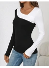 Kadın Uzun Kollu Geometrik Yaka Detaylı çift Renkli Viskon Bluz
