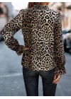 Kadın Uzun Kollu Gipe Detaylı Balıkçı Yaka Leopar Desenli Süprem Bluz
