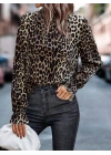 Kadın Uzun Kollu Gipe Detaylı Balıkçı Yaka Leopar Desenli Süprem Bluz