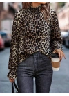 Kadın Uzun Kollu Gipe Detaylı Balıkçı Yaka Leopar Desenli Süprem Bluz