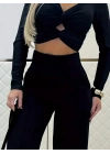 Kadın Uzun Kollu Göğüs Dekolteli Ithal Krep Bluz Ve Pantolon Ikili Takım