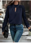 Kadın Uzun Kollu Göğüs Pencere Detay Yaka Boğazlı Kolları Tüllü Sandy Bluz