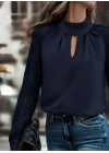 Kadın Uzun Kollu Göğüs Pencere Detay Yaka Boğazlı Kolları Tüllü Sandy Bluz