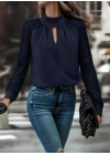 Kadın Uzun Kollu Göğüs Pencere Detay Yaka Boğazlı Kolları Tüllü Sandy Bluz