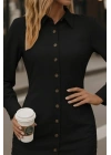 Kadın Uzun Kollu Gömlek Yaka önden Düğmeli Yanlardan Büzgülü Kısa Aerobin Elbise