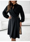 Kadın Uzun Kollu Hakim V Yakalı Yandan Toka Detaylı Ithal Mini Krep Elbise
