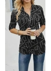 Kadın Uzun Kollu Hakim Yaka Yakadan Fermuarlı Geometrik Desenli Süprem Bluz