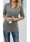 Kadın Uzun Kollu Hakim Yaka Yakadan Fermuarlı Geometrik Desenli Süprem Bluz