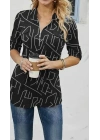 Kadın Uzun Kollu Hakim Yaka Yakadan Fermuarlı Geometrik Desenli Süprem Bluz