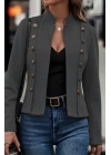 Kadın Uzun Kollu Hakim Yaka Yanlardan Düğmeli Kısa Süet Ceket