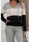 Kadın Uzun Kollu Kapşonlu Bağcıklı Blok Renkli şardonlu Kaşkorse Bluz Ve Pantolon Ikili Takım