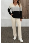 Kadın Uzun Kollu Kapşonlu Bağcıklı Blok Renkli şardonlu Kaşkorse Bluz Ve Pantolon Ikili Takım
