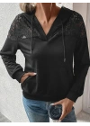 Kadın Uzun Kollu Kapşonlu Bağcıklı Dantelli Viskon Iki Iplik Bluz