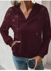 Kadın Uzun Kollu Kapşonlu Bağcıklı Dantelli Viskon Iki Iplik Bluz