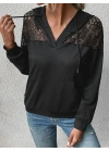 Kadın Uzun Kollu Kapşonlu Bağcıklı Dantelli Viskon Iki Iplik Bluz