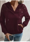 Kadın Uzun Kollu Kapşonlu Bağcıklı Dantelli Viskon Iki Iplik Bluz