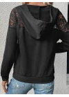 Kadın Uzun Kollu Kapşonlu Bağcıklı Dantelli Viskon Iki Iplik Bluz