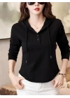 Kadın Uzun Kollu Kapşonlu Bağcıklı Düğmeli Viskon Iki Iplik Bluz