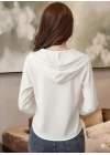 Kadın Uzun Kollu Kapşonlu Bağcıklı Düğmeli Viskon Iki Iplik Bluz