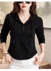 Kadın Uzun Kollu Kapşonlu Bağcıklı Düğmeli Viskon Iki Iplik Bluz