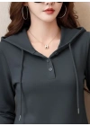 Kadın Uzun Kollu Kapşonlu Bağcıklı Düğmeli Viskon Iki Iplik Füme Bluz