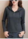 Kadın Uzun Kollu Kapşonlu Bağcıklı Düğmeli Viskon Iki Iplik Füme Bluz
