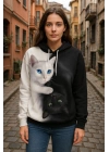 Kadın Uzun Kollu Kapşonlu Bağcıklı Kedi Desenli şardonlu Dalgıç Bluz