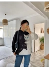Kadın Uzun Kollu Kapşonlu Bağcıklı Kedi Desenli şardonlu Dalgıç Bluz