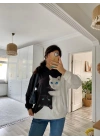 Kadın Uzun Kollu Kapşonlu Bağcıklı Kedi Desenli şardonlu Dalgıç Bluz