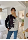 Kadın Uzun Kollu Kapşonlu Bağcıklı Kedi Desenli şardonlu Dalgıç Bluz
