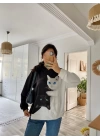 Kadın Uzun Kollu Kapşonlu Bağcıklı Kedi Desenli şardonlu Dalgıç Bluz
