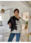 Kadın Uzun Kollu Kapşonlu Bağcıklı Kedi Desenli şardonlu Dalgıç Bluz
