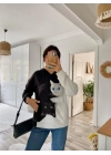Kadın Uzun Kollu Kapşonlu Bağcıklı Kedi Desenli şardonlu Dalgıç Bluz