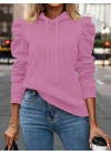 Kadın Uzun Kollu Kapşonlu Bağcıklı Kollarda Büzgü Detaylı Iki Iplik Bluz