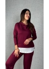 Kadın Uzun Kollu Kapşonlu Bağcıklı Viskon Iki Iplik Bluz Ve Pantolon Ikili Takım