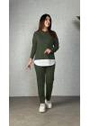 Kadın Uzun Kollu Kapşonlu Bağcıklı Viskon Iki Iplik Bluz Ve Pantolon Ikili Takım