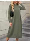 Kadın Uzun Kollu Kapşonlu Cep Detaylı Viskon Iki Iplik Maxi Elbise