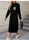 Kadın Uzun Kollu Kapşonlu Cep Detaylı Viskon Iki Iplik Maxi Elbise