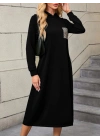 Kadın Uzun Kollu Kapşonlu Cep Detaylı Viskon Iki Iplik Maxi Elbise