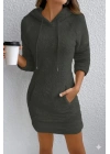 Kadın Uzun Kollu Kapşonlu Cepli Mini Peluş Elbise